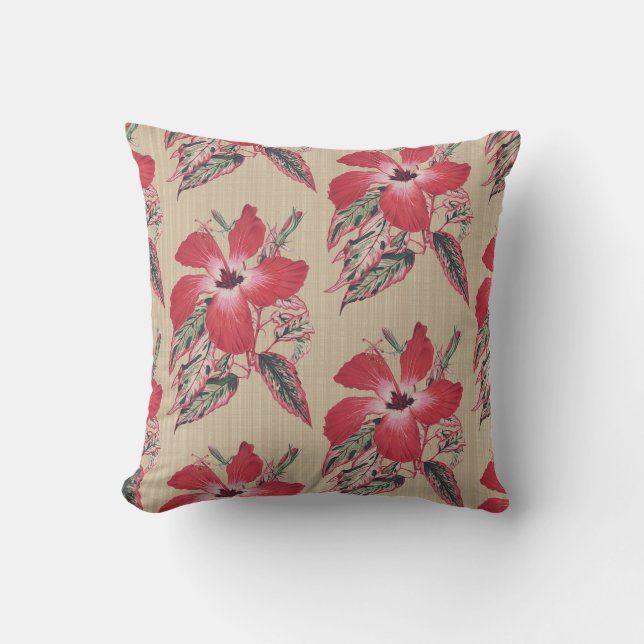Rött hibiskusstänk på Taupedekorativ kudde 16x16 (Framsida)