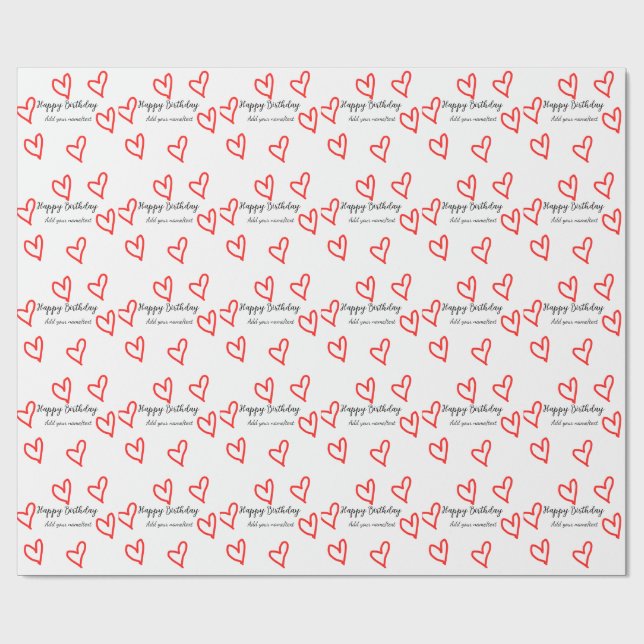 Rött hjärta, glad födelsedag Lägg till namn-text e Presentpapper (Platt)