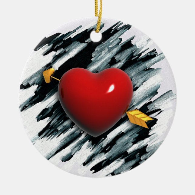 Rött hjärta med bakgrundsfärg för vattenfärg julgransprydnad keramik (Framsidan)
