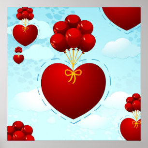 Rött hjärta med ballonger, poster