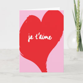 Rött hjärta med je t’aime-text på rosa bakgrund kort