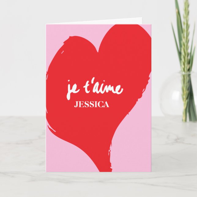 Rött hjärta med je t'aime-text på rosans bakgrund kort (Framsida)