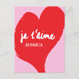 Rött hjärta med je t'aime-text på rosans bakgrund vykort