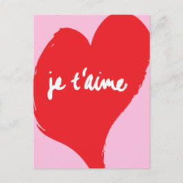 Rött hjärta med je t'aime-text på rosans bakgrund vykort
