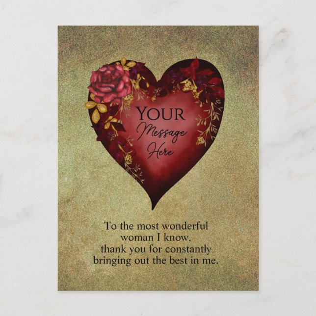 Rött hjärta med rosor redigerbart vykort (Framsida)