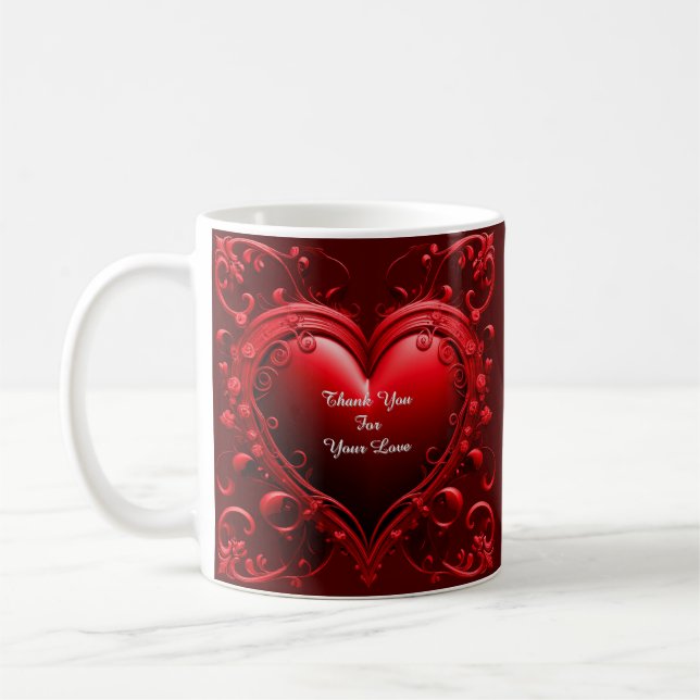 Rött hjärta med utsmyckad blomsterkant kaffemugg (Vänster)