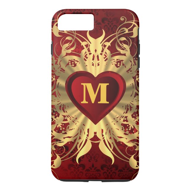 Rött hjärta och guld mönster monogrammet Case-Mate iPhone skal (Baksida)