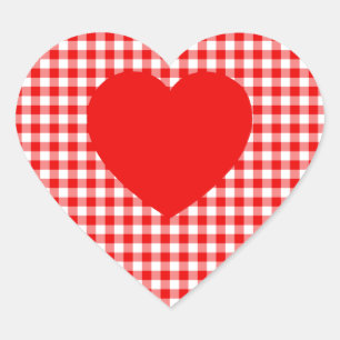 Rött hjärta på rött gingham hjärtformat klistermärke