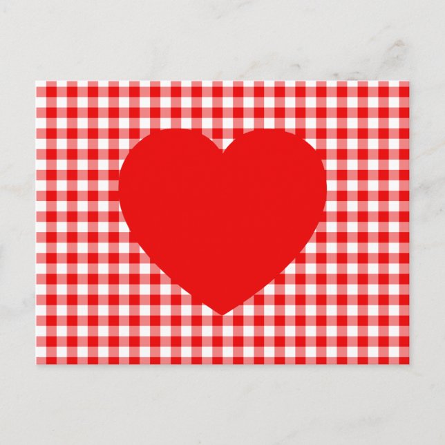 Rött hjärta på rött gingham vykort (Framsida)
