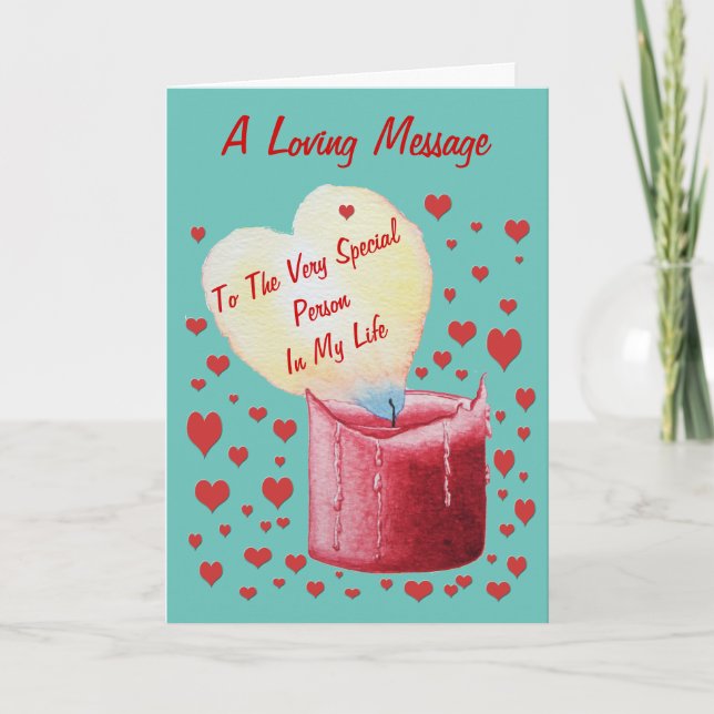 Rött hjärtformat flamljus med kärlek-versa kort (Framsida)