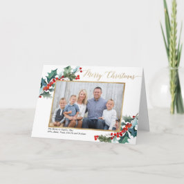 Rött holly guld greenery God jul-fotokort Anteckningskort