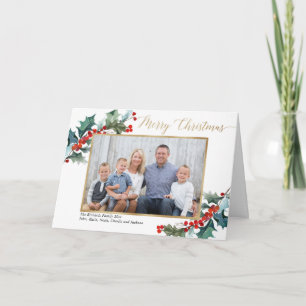 Rött holly guld greenery God jul-fotokort Anteckningskort