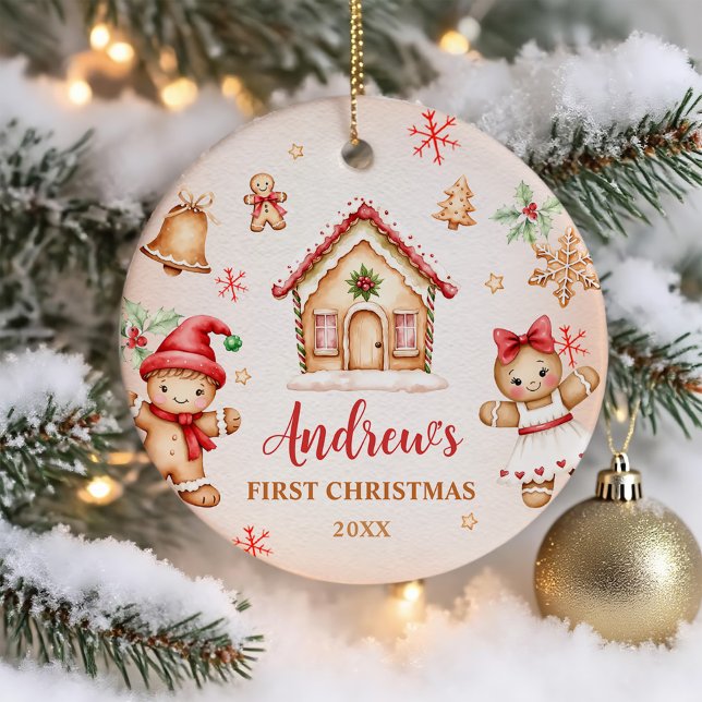 Rött hus av pepparkakor 1-års födelsedagsfest julgransprydnad keramik (Skapare uppladdad)