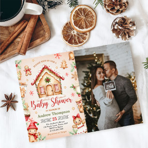 Rött hus av pepparkakor jul baby shower foto inbjudningar