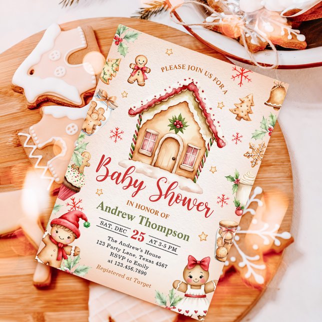 Rött hus av pepparkakor jul baby shower inbjudningar (Skapare uppladdad)