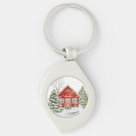 Rött hus för vinterlandskap swirl silverfärgad nyckelring