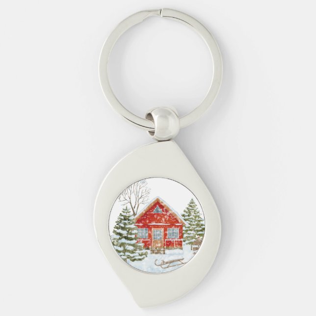 Rött hus för vinterlandskap swirl silverfärgad nyckelring (Framsidan)
