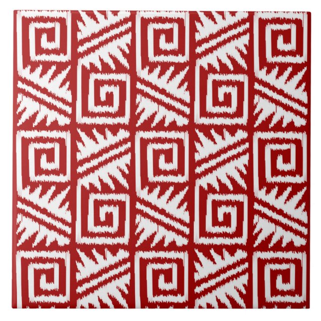 Rött Ikat Aztec mönster - mörk - och vit Kakelplatta (Framsidan)