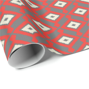 Rött Ikat mönster -, grå färg och beige Presentpapper