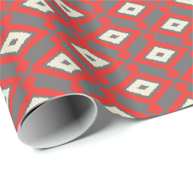 Rött Ikat mönster -, grå färg och beige Presentpapper (Rullad Hörn)