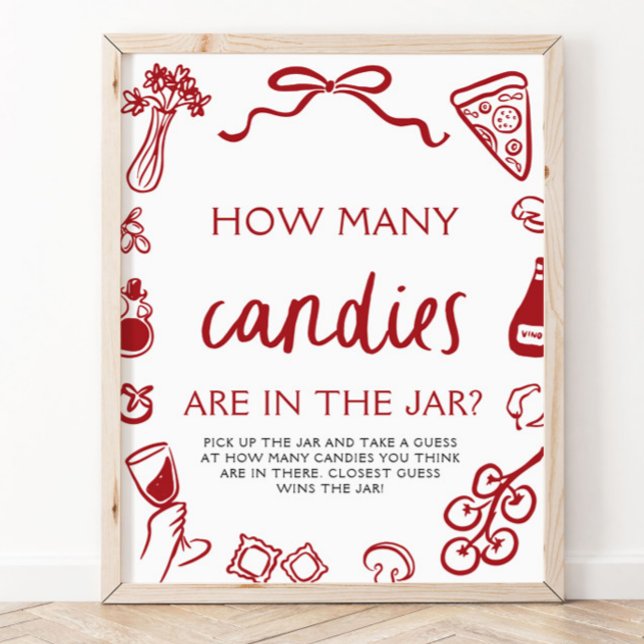 Rött italienskt Gissa hur många godisar Bröllopsfe Poster (Red Italian Guess How Many Candies Bridal Shower Sign)