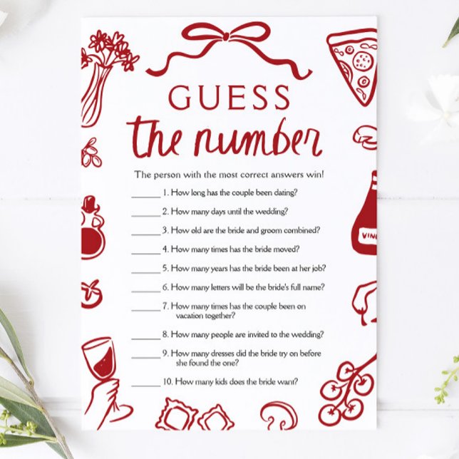 Rött italienskt gissa numret bröllopsduschspel inbjudningar (Red Italian Guess the Number Bridal Shower Game)