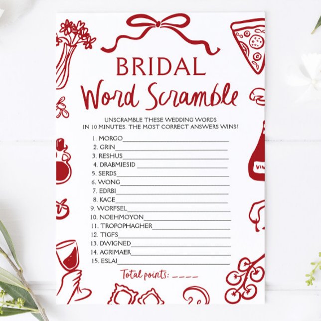 Rött italienskt handritat bröllpsordstävlingsspel inbjudningar (Red Italian Hand Drawn Bridal Word Scramble Game)