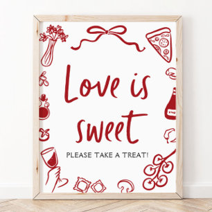 Rött italienskt handritat pizzatecken Kärlek är sö Poster