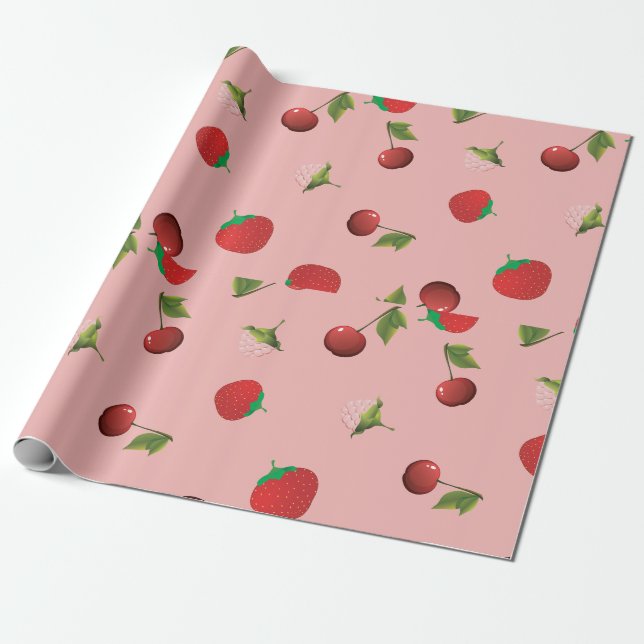 Rött jordgubb- och körsbärsmönster Rosa frukt Presentpapper (Utrullad)