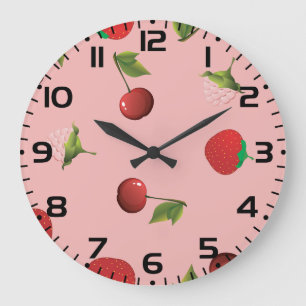 Rött jordgubbs- och körsbärsmönster Rosa frukt Stor Klocka