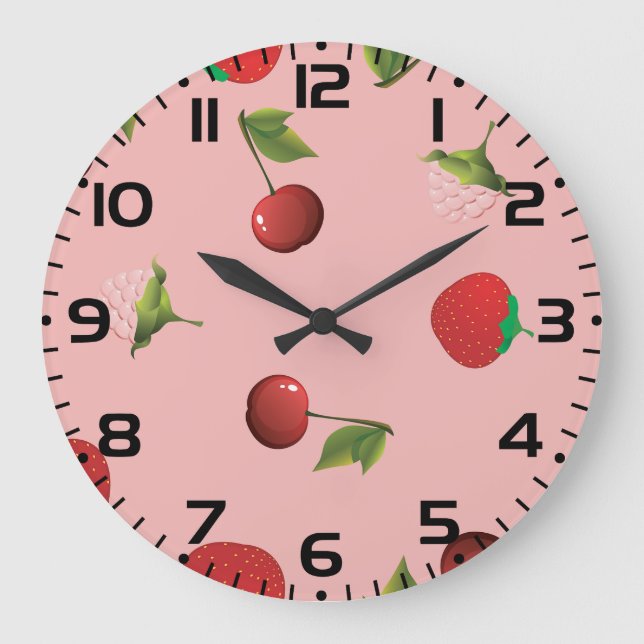 Rött jordgubbs- och körsbärsmönster Rosa frukt Stor Klocka (Framsida)