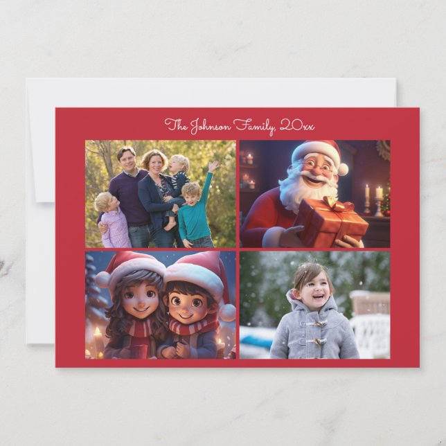 Rött julfamiljs fotokort med meddelande (Framsida)