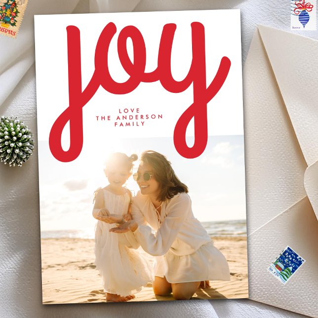 Rött julfoto för Festive Modern JOY Red Julkort (Skapare uppladdad)