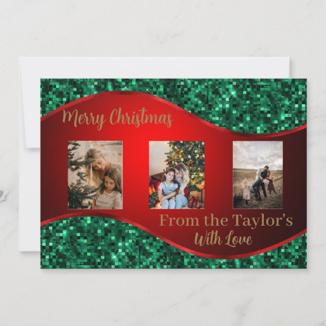 Rött julfoto med rött och Grönt Gräns Julkort (Framsida)