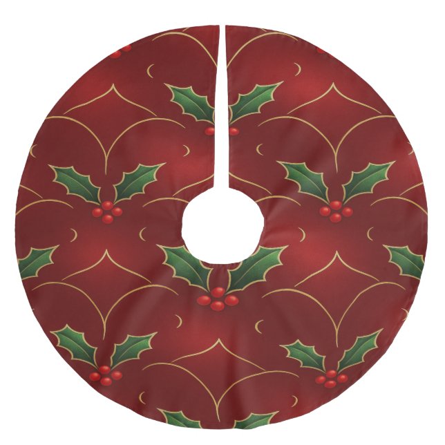 Rött julimönster i holly – Elegant julstil Julgransmatta Borstad Polyester (Framsidan)