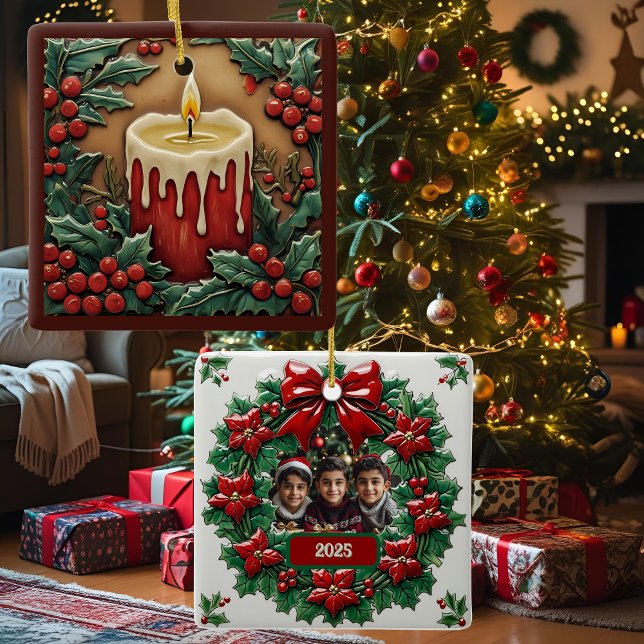 Rött julljus, Anpassade Square Julgransprydnad Keramik (Skapare uppladdad)