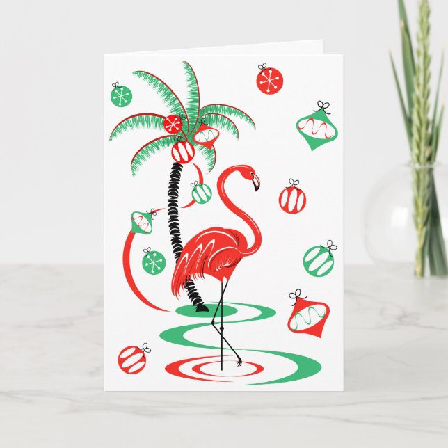 Rött jullkort Flamingo Baubles hälsning-kort Helgkort (Framsida)