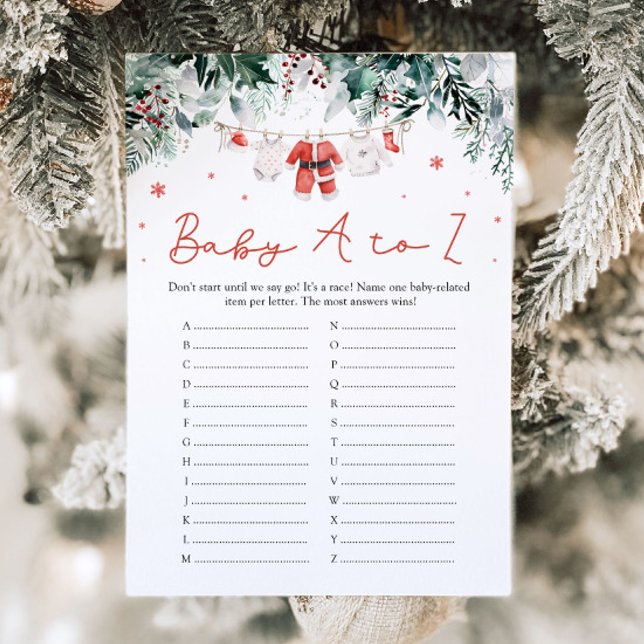 Rött julpar i Baby A till Z Babykläder Inbjudningar (Watercolor Red Christmas Baby Items A to Z Baby Shower Game)