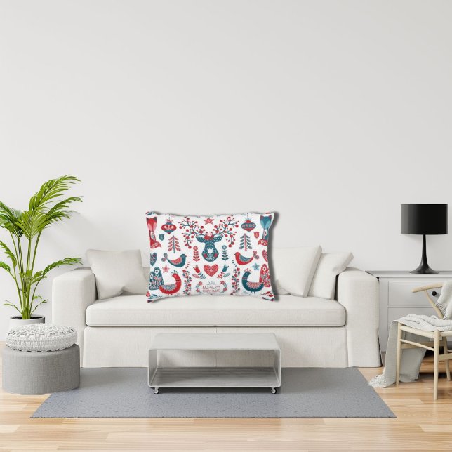 Rött julskensskandinaviskt folkkonstverk prydnadskudde (Skapare uppladdad)