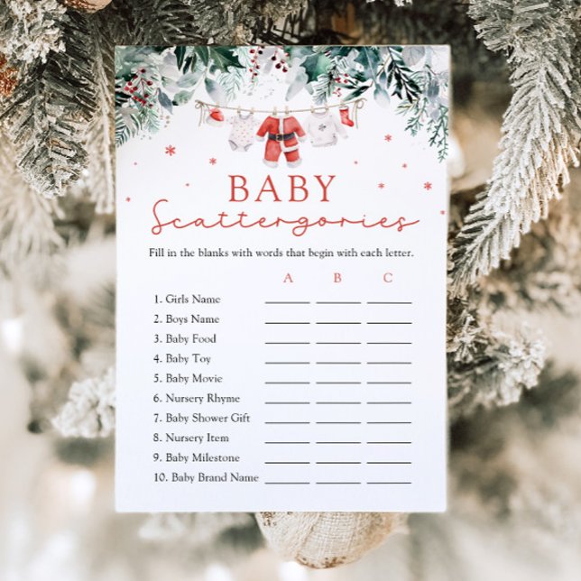 Rött jultomten, babyskor Scattergories Game Inbjudningar (Watercolor Cute Red Christmas Santa Baby Shower Scattergories Game)