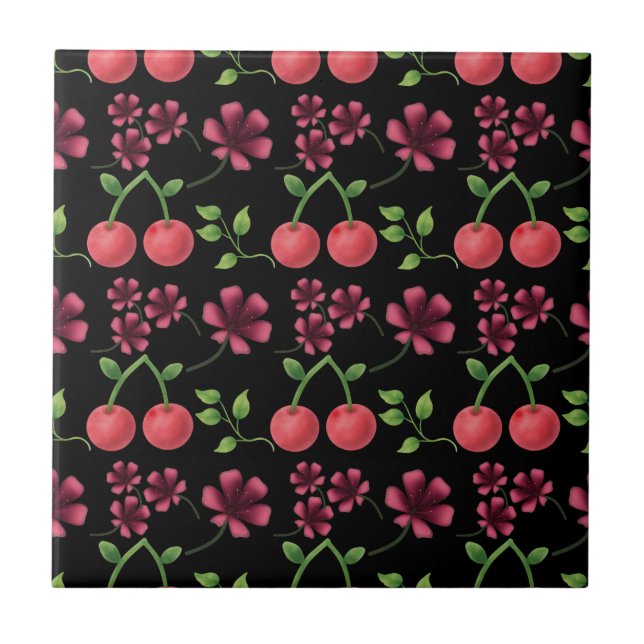 Rött körsbärsblommönster  kakelplatta (Framsidan)