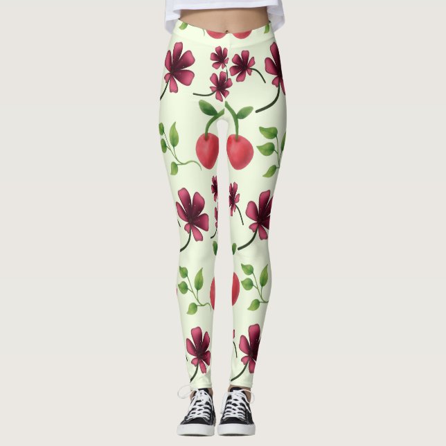 Rött körsbärsblommönster  leggings (Framsida)