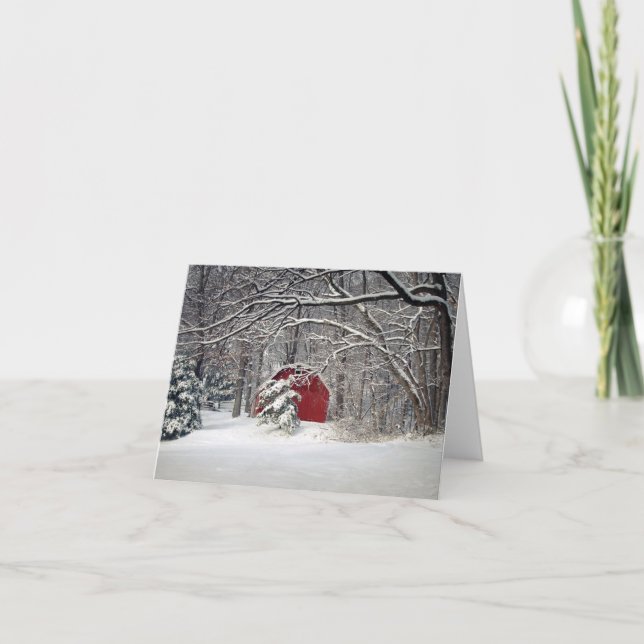 Rött lada i snön julkort helgkort (Framsida)