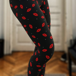 Rött läpplock Skriv ut lipstick Svart beniggar Leggings