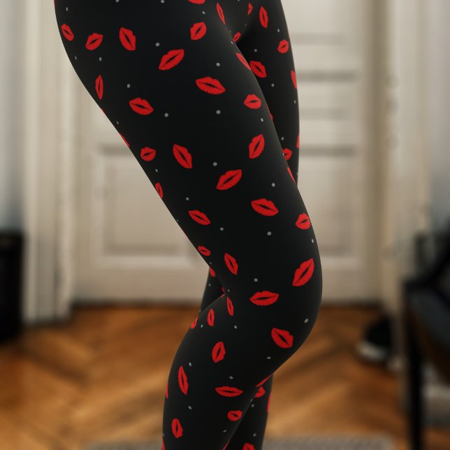 Rött läpplock Skriv ut lipstick Svart beniggar Leggings (Cute red lipstick kisses on a dotty pair of black leggings. Perfect just for you!)