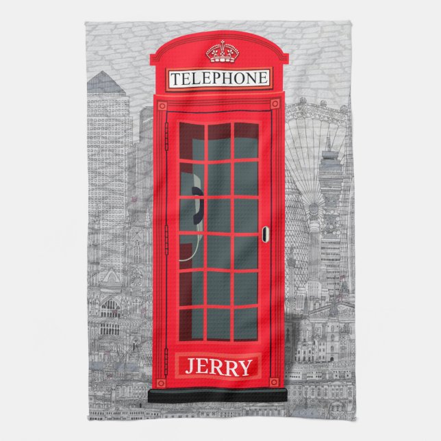 Rött London Telefonkiosk Siluett Kökshandduk (Vertikal)