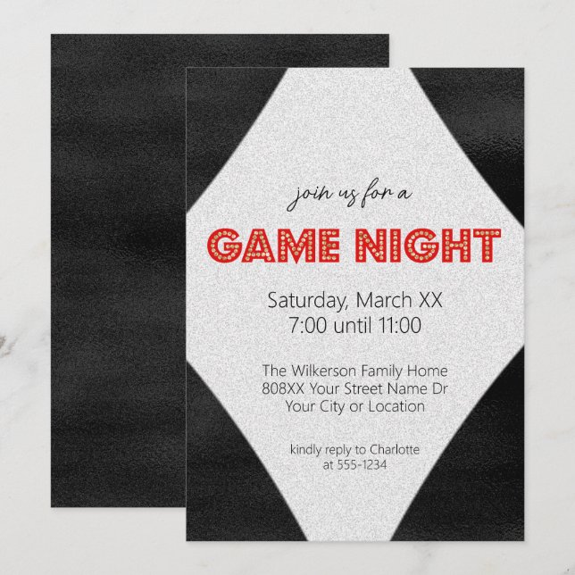 Rött Marquee-skylt på Svart Game Night-fest Inbjudningar (Fram/baksida)