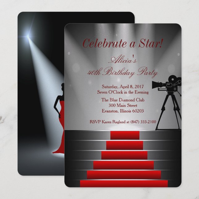 rött mattor födelsedagsfest inbjudan (Fram/baksida)