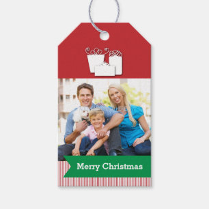 Rött med det gröna banret och fotoet, jul presentetikett