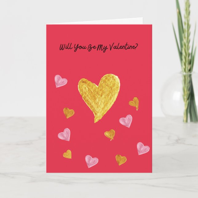 Rött med guld- och rosa hjärtan Alla hjärtans dag- Kort (Framsida)
